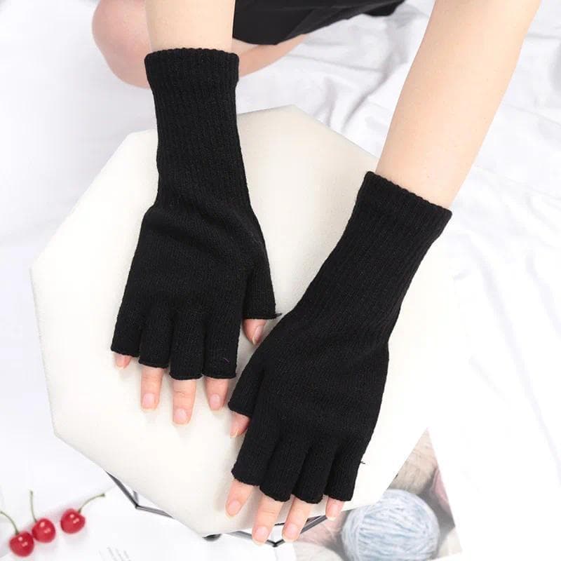 Luvas Longas Pretas Sem Dedos De Malha Para Homens Mulheres Quente Estiramento Elástico Moda Inverno Ao Ar Livre Mitten