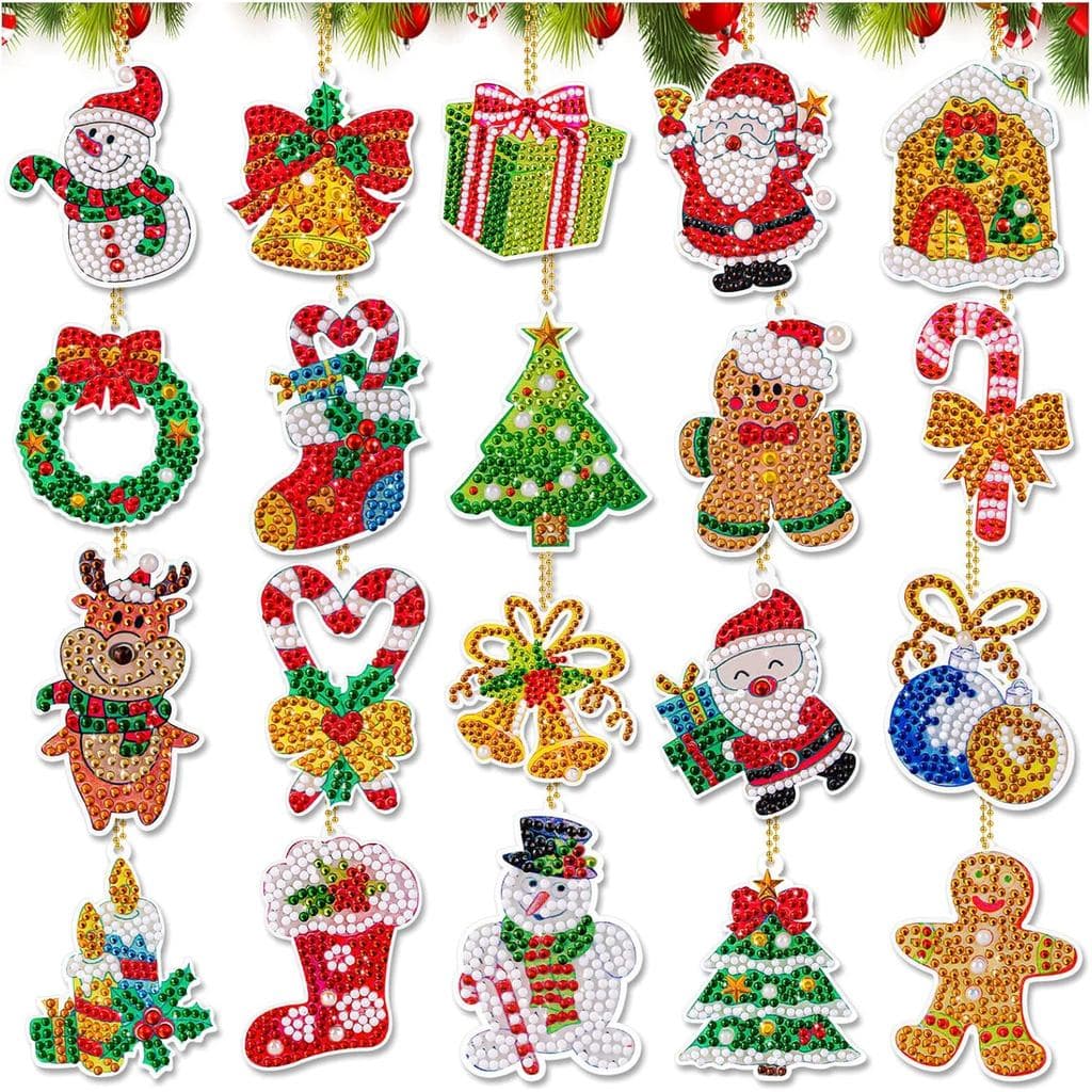 Ornamentos de Natal em Pintura de Diamante FFNIU, 20 Peças de Chaveiros em Pintura de Diamante 5D, Pingentes de Papai No