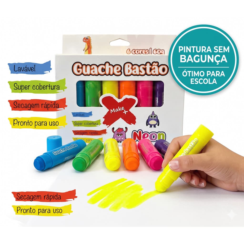 TINTA GUACHE EM BASTÃO 6 CORES LAVÁVEL SECAGEM RÁPIDA PINTURA ESCOLAR INFANTIL KIT PINTURA CRIATIVA SEM SUJEIRA