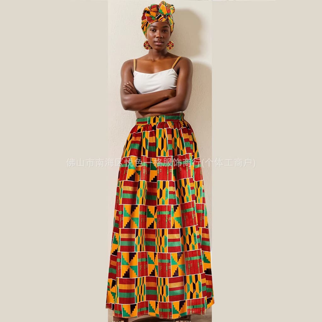 Popular boêmio feminino africano impresso meio comprimento saia evasê com bolsos e lenço de flor vórtice