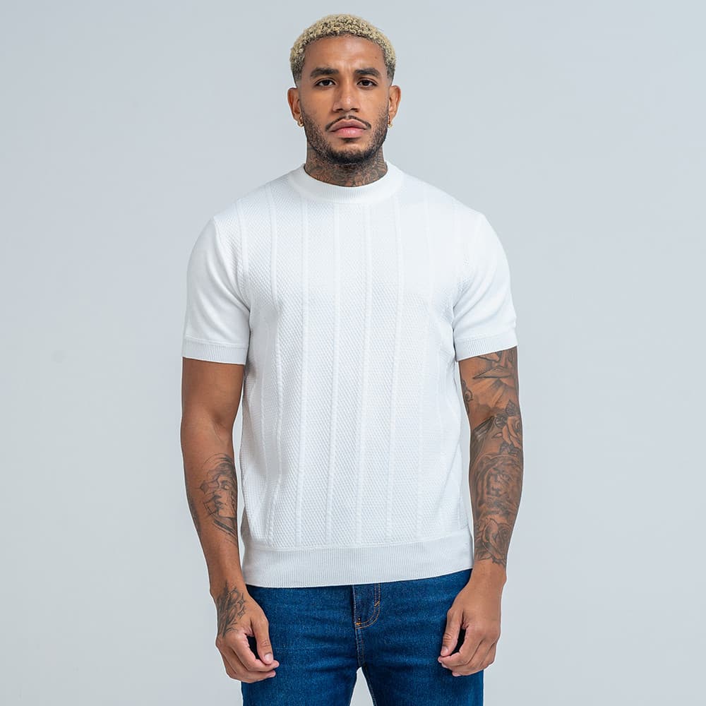 Camiseta Masculina Mr Kitsch Tricô Canelado Com Textura Gola Redonda Branca