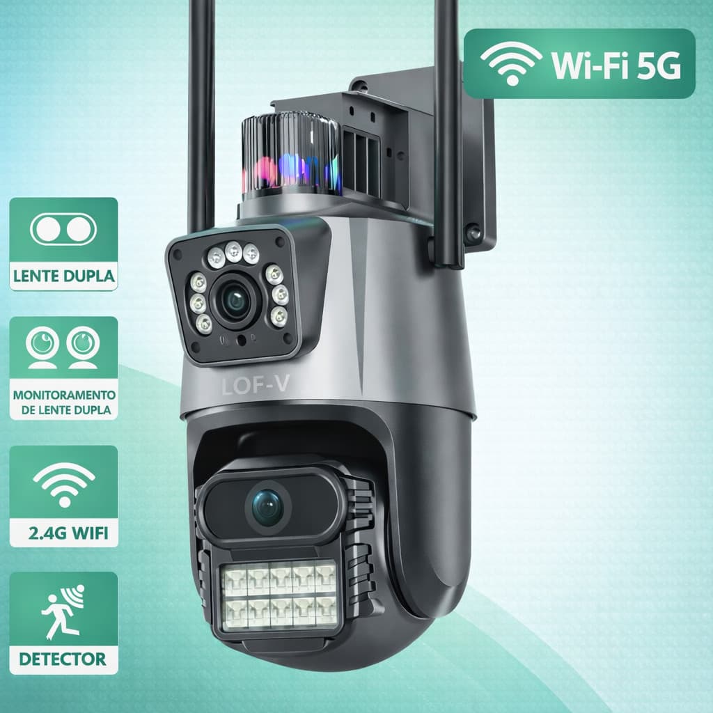 Câmera de Segurança Wi-Fi 5G 6MP 4K Lente Dupla PTZ 340° Sirene Integrada Visão Noturna IÁudio Bidirecional APP ICSEE