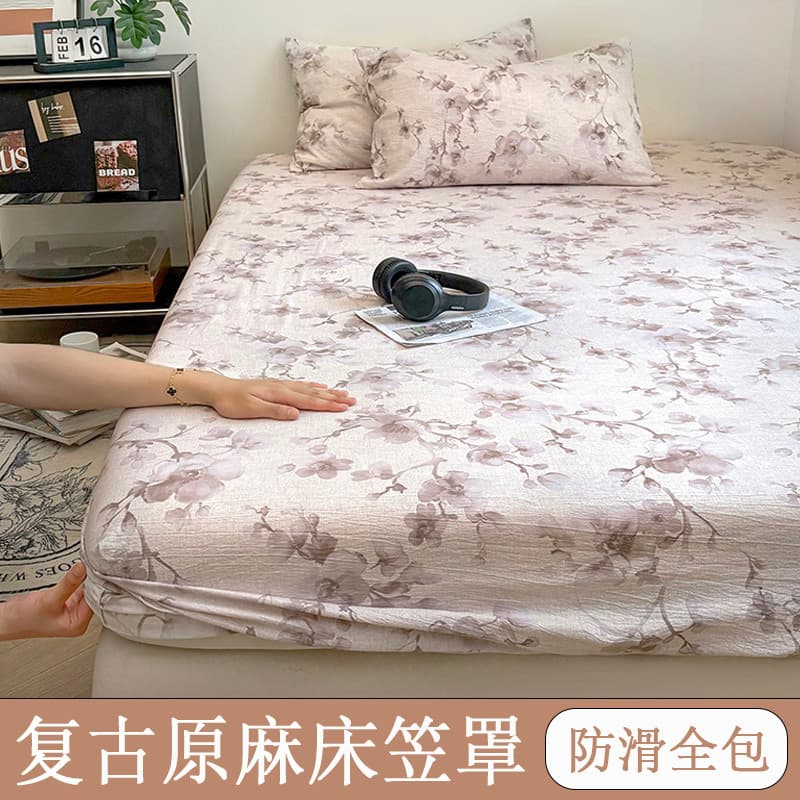 2026 Novo estilo retrô Original capa de cama de linho peça única algodão não puro capa de cama de casal de solteiro anti