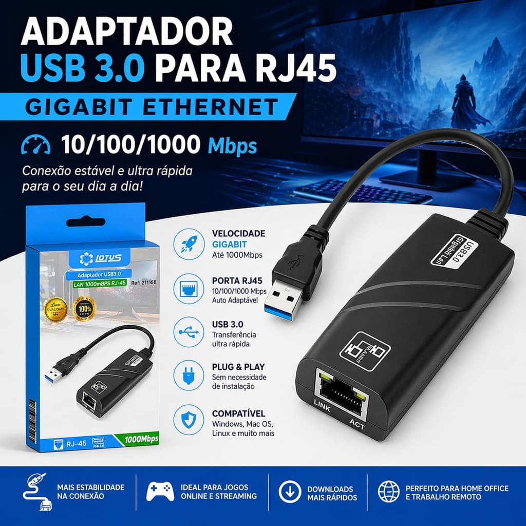 Cabo Adaptador Usb Rj45 Internet Ethernet 3.0 10/100/1000 Giga Alta Velocidade Notebook Computador