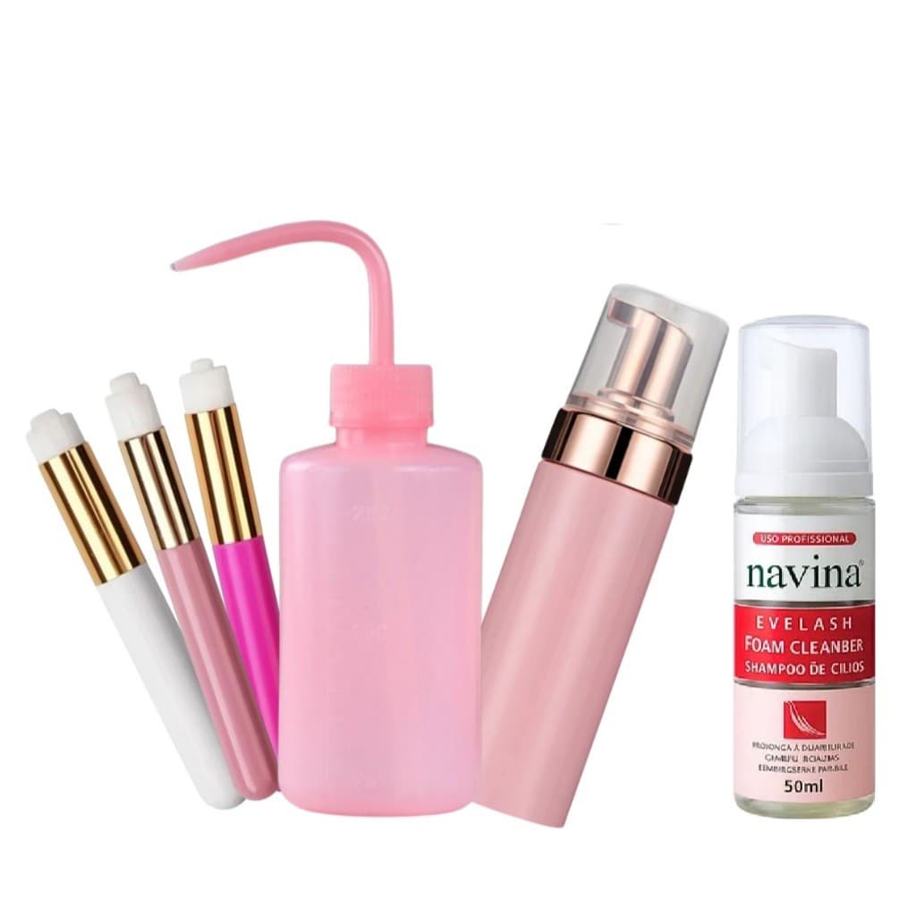 Kit Profissional para lash Design Pump, Pisseta, Pincel e Shampoo para cílios 50ml e 100ml
