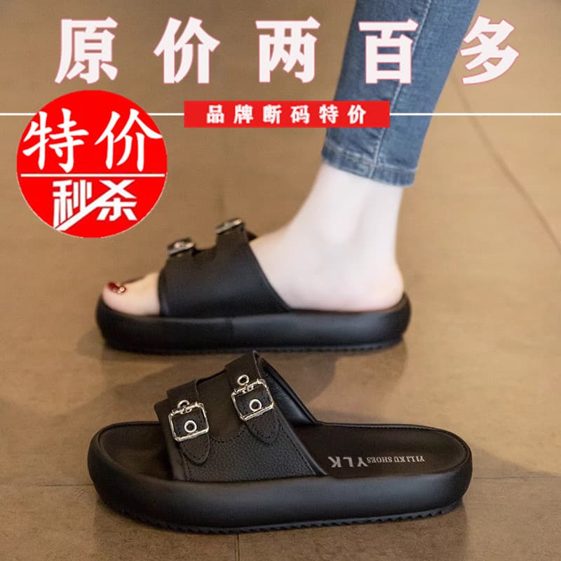 Chinelos de sola grossa de couro genuíno de couro completo feminino verão exterior Wear 2025 novo estilo moda mulheres g