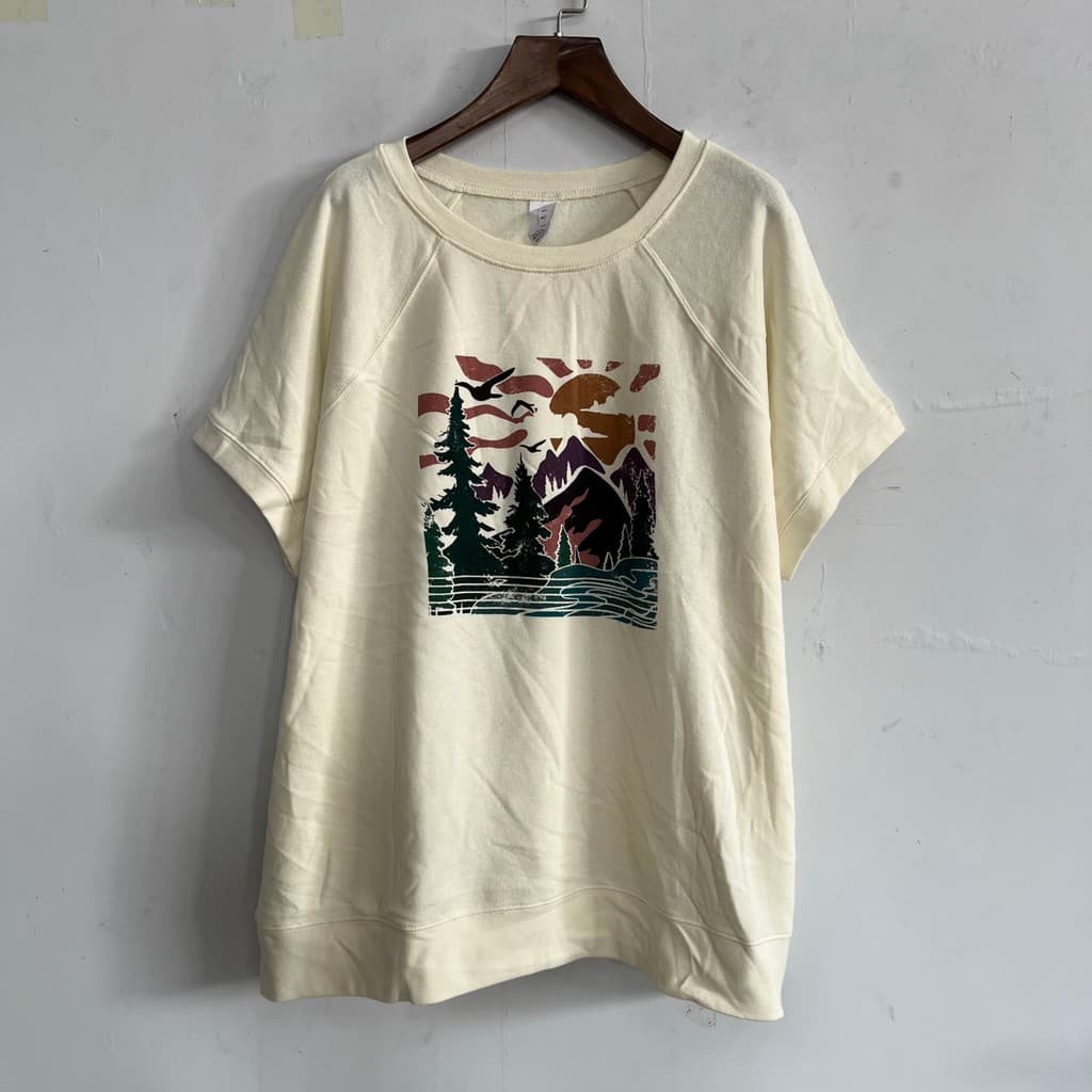 Retro Mountainscape impresso moletom de manga curta feminino mangas Raglan solto mais magro olhar Casual All-Match velo-