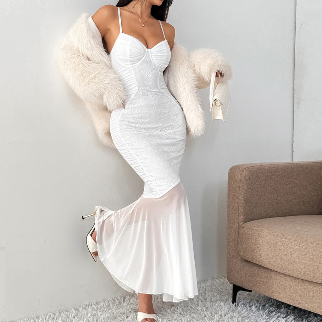 Vestido Longo Renda Branco Alcinha Decote Coração Cauda Sereia Drapeado Elegante Festa Noiva71374