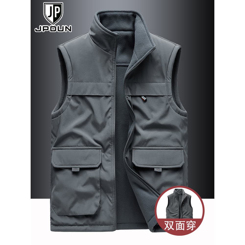 Primavera outono grosso velo colete masculino Casual colete ao ar livre Multi-bolso dupla face velo colete de lã