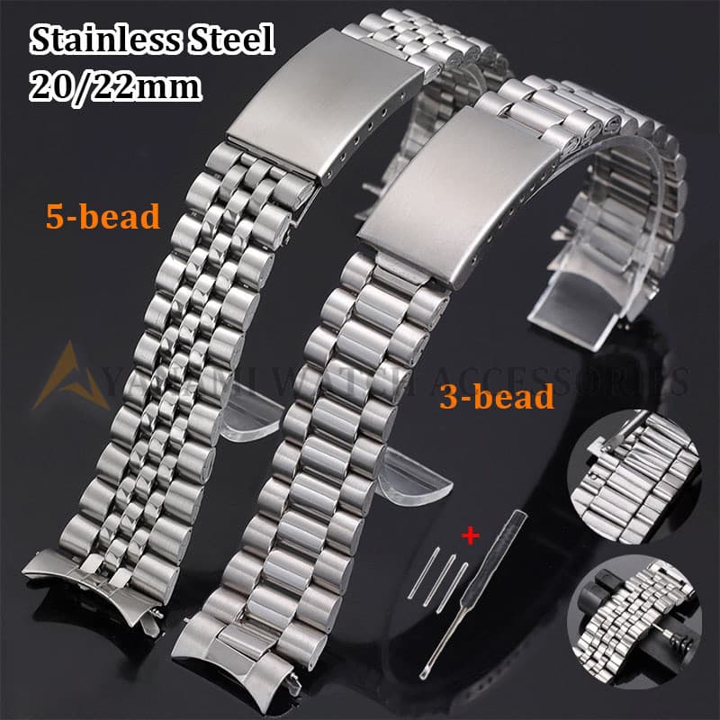 Pulseira De Relógio De Aço Inoxidável Jubileu De Extremidade Curva 18mm 20mm 3/5 Contas Metal Fivela Dobrável Para Mulhe
