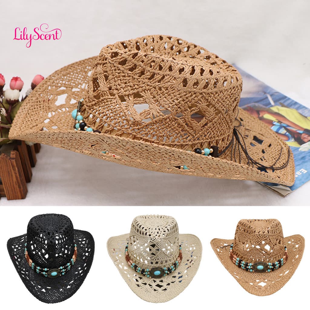 Unisex Hat Cowgirl Straw Cowboy with Decorative Bands – Lightweight Breathable Hollow Woven Sun for Men Women Perfect