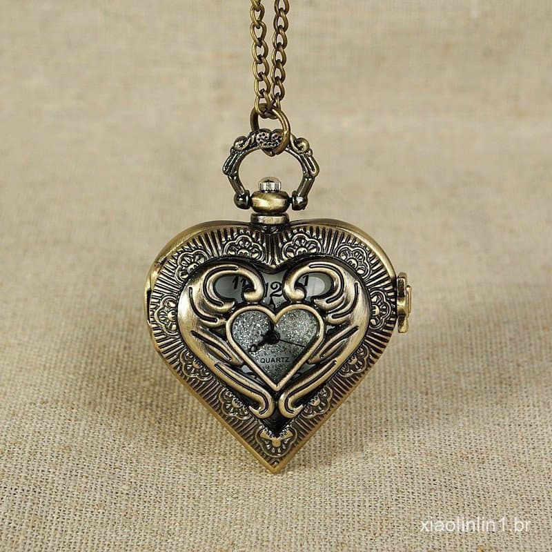Relógio de Bolso Vintage de Quartzo com Coração de Bronze com Pingente e Colar