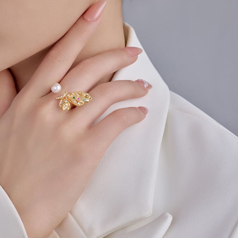 Novo estilo étnico borboleta pérola anel Natural de água doce grânulo aberto anel High-End nicho feminino anel