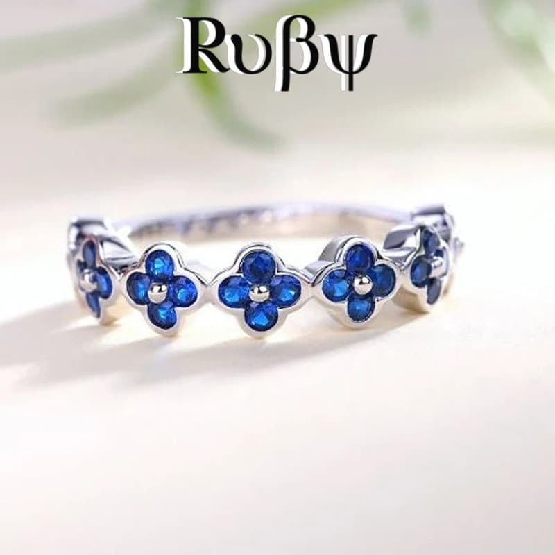 Ruby * Anel Azul Flor Pétala Padrão Trevo de Quatro Folhas Estilo Moda Anel