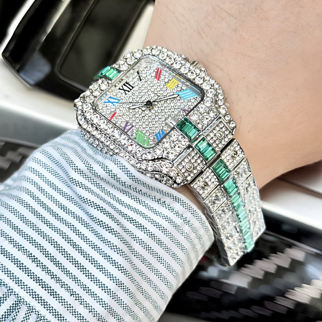 Europeu americano Popular retangular grande mostrador relógio de luxo cheio de diamante relógio masculino luxo Super pis