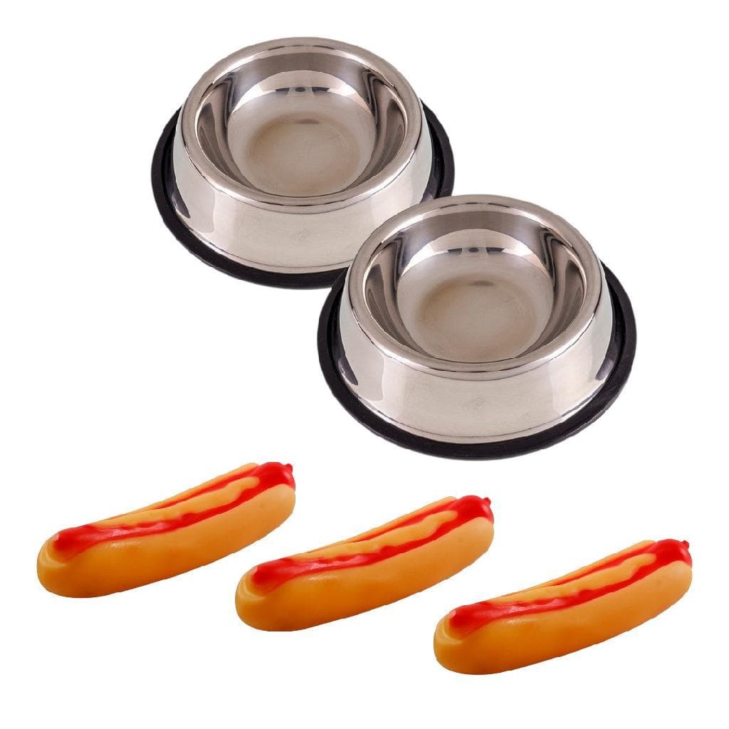 Kit 2 Comedouro Bebedouro Pet Inox 1,6L Antiderrapante + 6 Brinquedos Mordedor Cachorro Quente