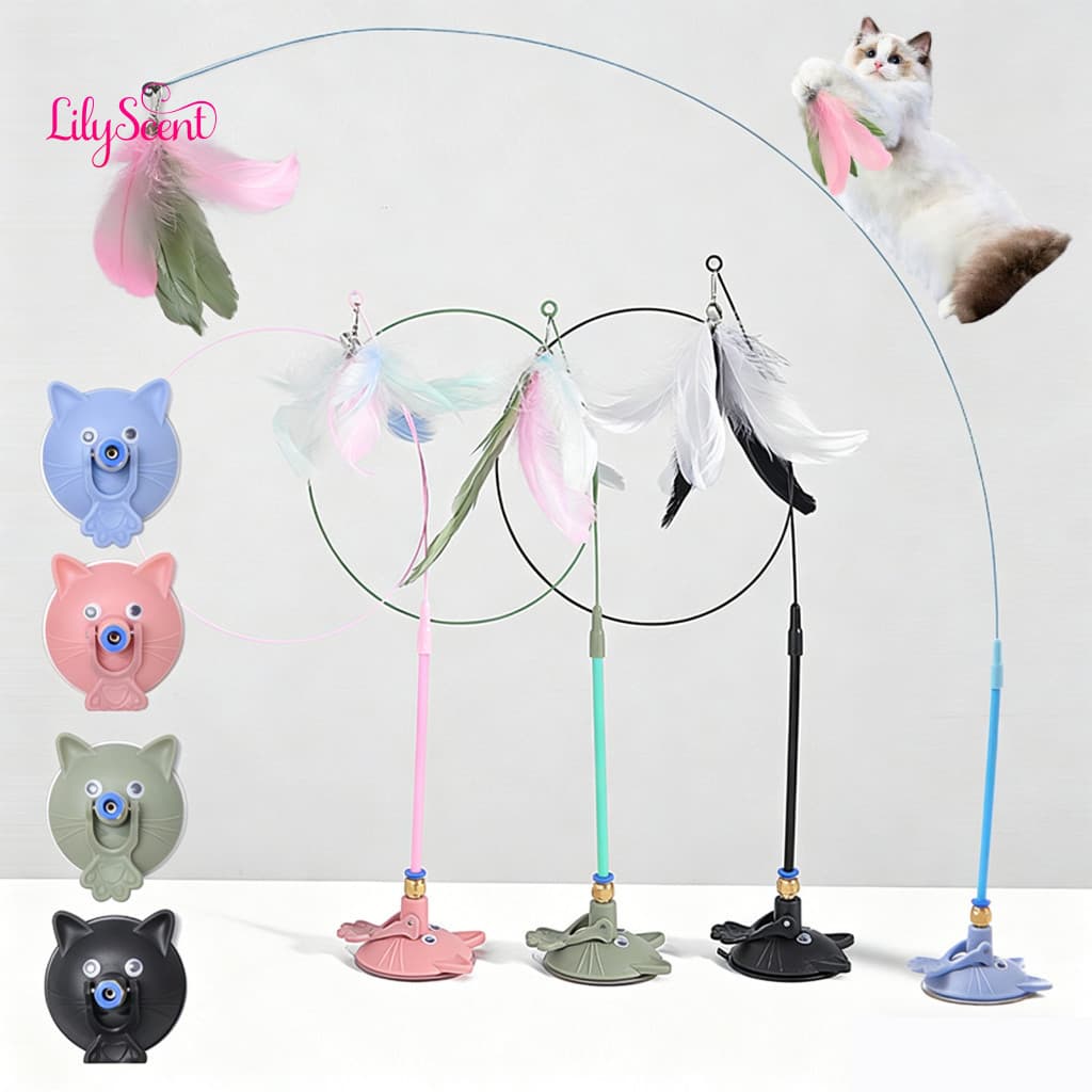 Cat Toys Suction Cup Toy Tease with – Flexible Steel Wire Feather Wand for Cats Press Lock Stick on Floor Fun and Dura