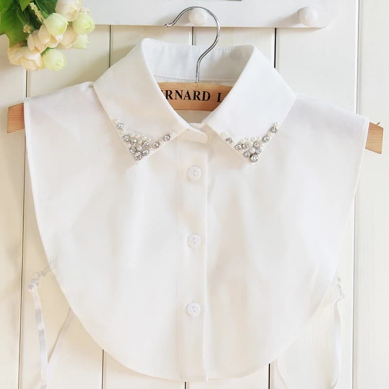 Colarinho Falso Feminino Coreano de Moda com Gola Removível, Bordado de Flor com Strass e Renda de Chiffon, Estilo Vinta