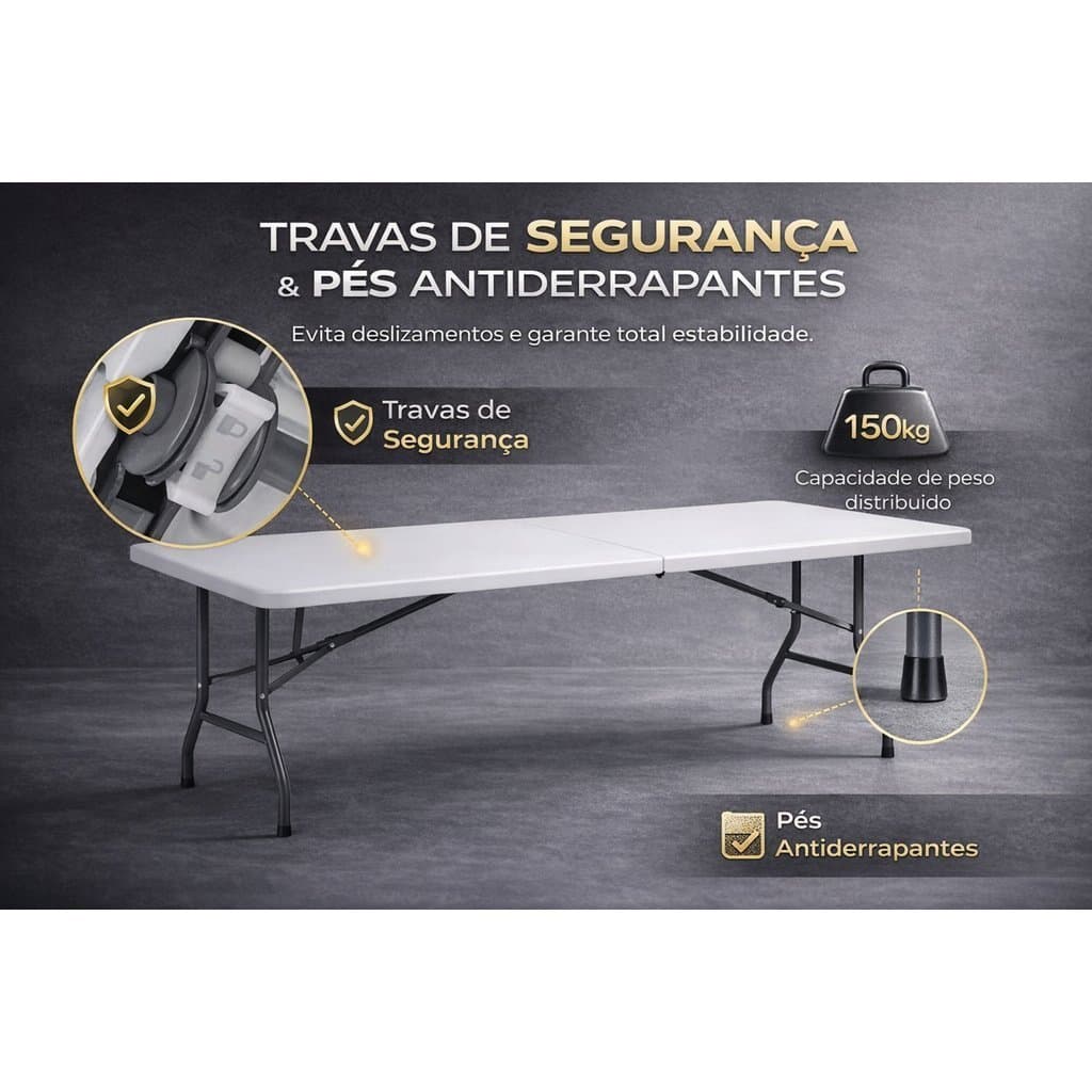 Mesa Dobrável Portátil 1,80m Com Alça Tipo Maleta HDPE – Camping Festa Evento