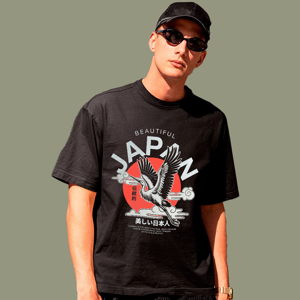 Camiseta Básica Japan Beautiful Garça Oriental 100% Algodão