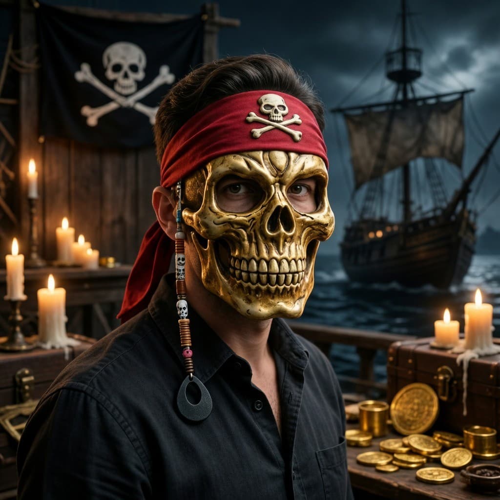 Máscara Luxuosa Caveira Pirata para Halloween