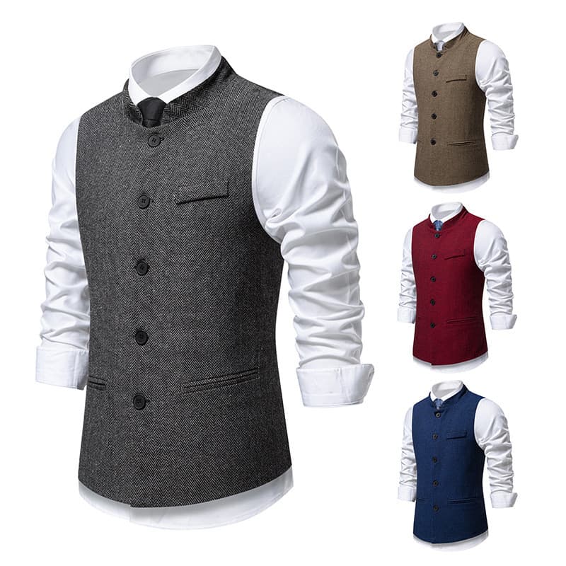 Colete Espinha De Peixe Masculino Gola Único Breasted Multi-Bolso Vintage Retro Sem Mangas Terno Formal Casual Social