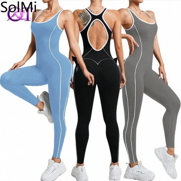 Nova roupa de ioga para mulheres, bloco de cores sem costas, sensação quase imperceptível, macacão de fitness para espor