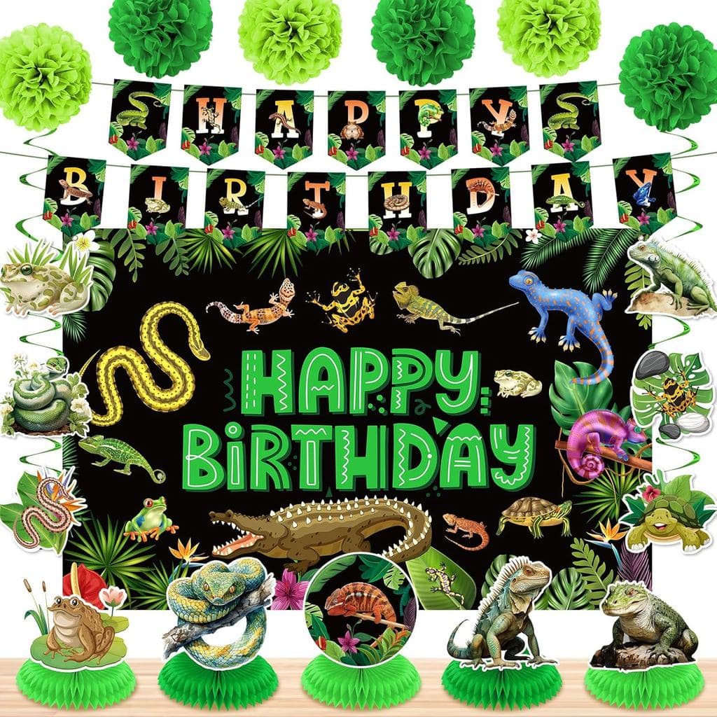 Decorações de Aniversário com Tema de Répteis para Meninos e Meninas Incluem Faixa de Feliz Aniversário com Tema de Pânt