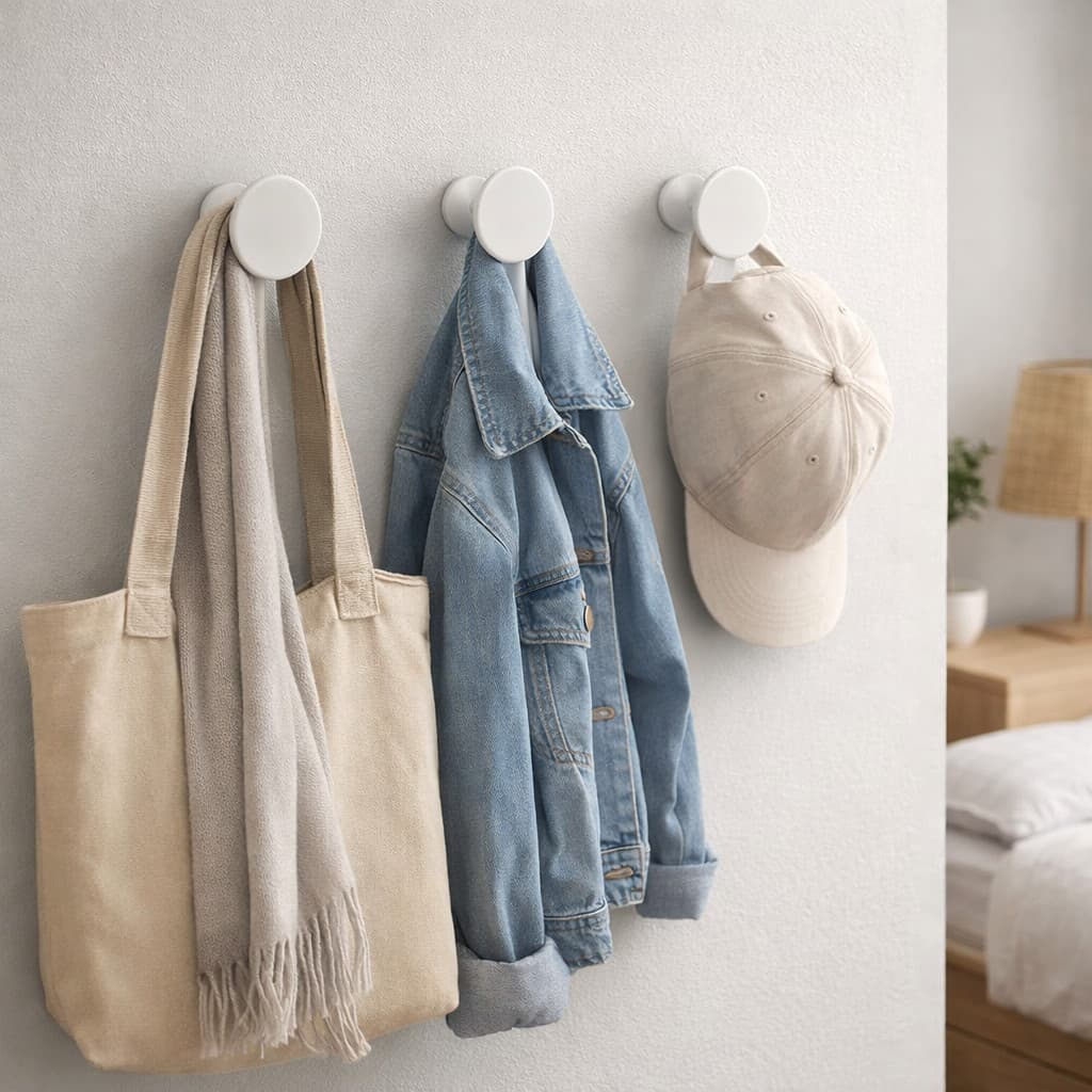 Kit com 5 Ganchos de Parede Branco – Cabideiro Moderno para Roupas, Bolsas e Acessórios