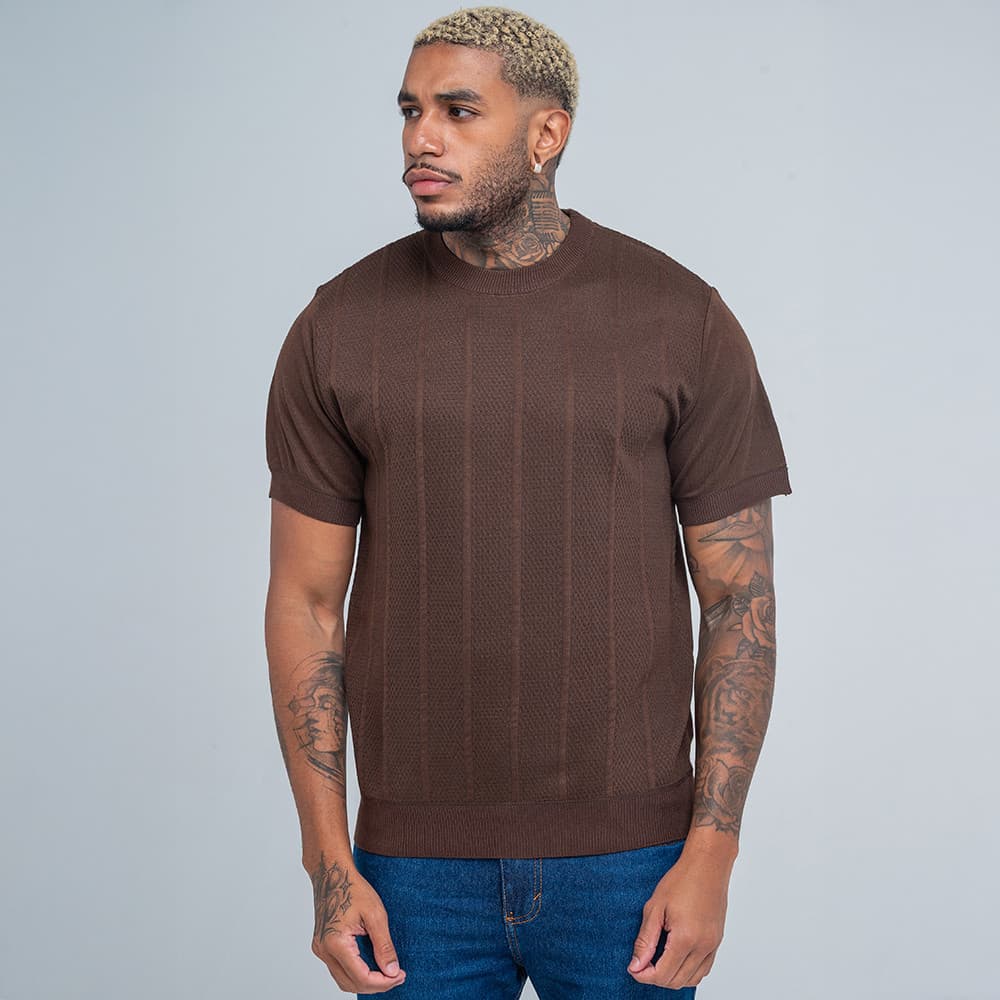 Camiseta Masculina Mr Kitsch Tricô Canelado Com Textura Gola Redonda Marrom