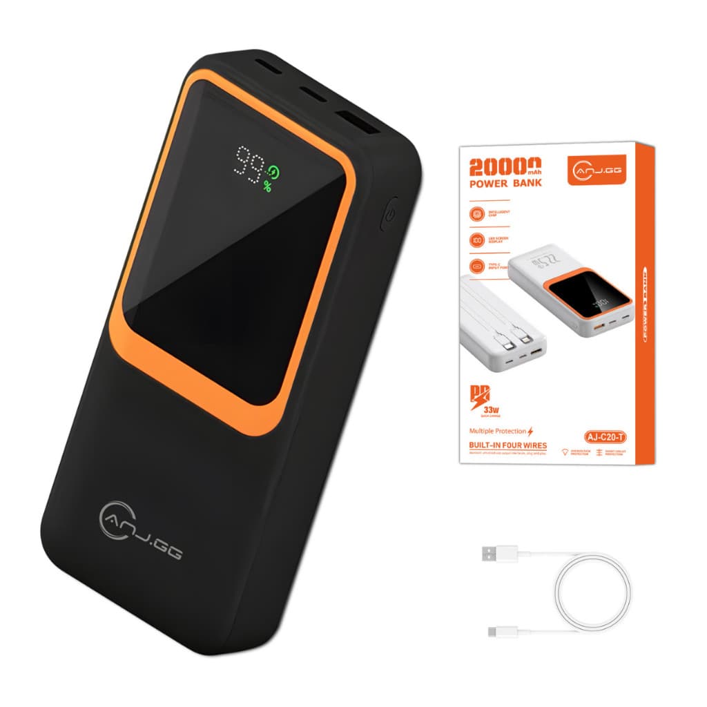 Power Bank Carregador Portátil 20000mAh 33W Super Rápido com Duas Saídas de Cabo USB Preto