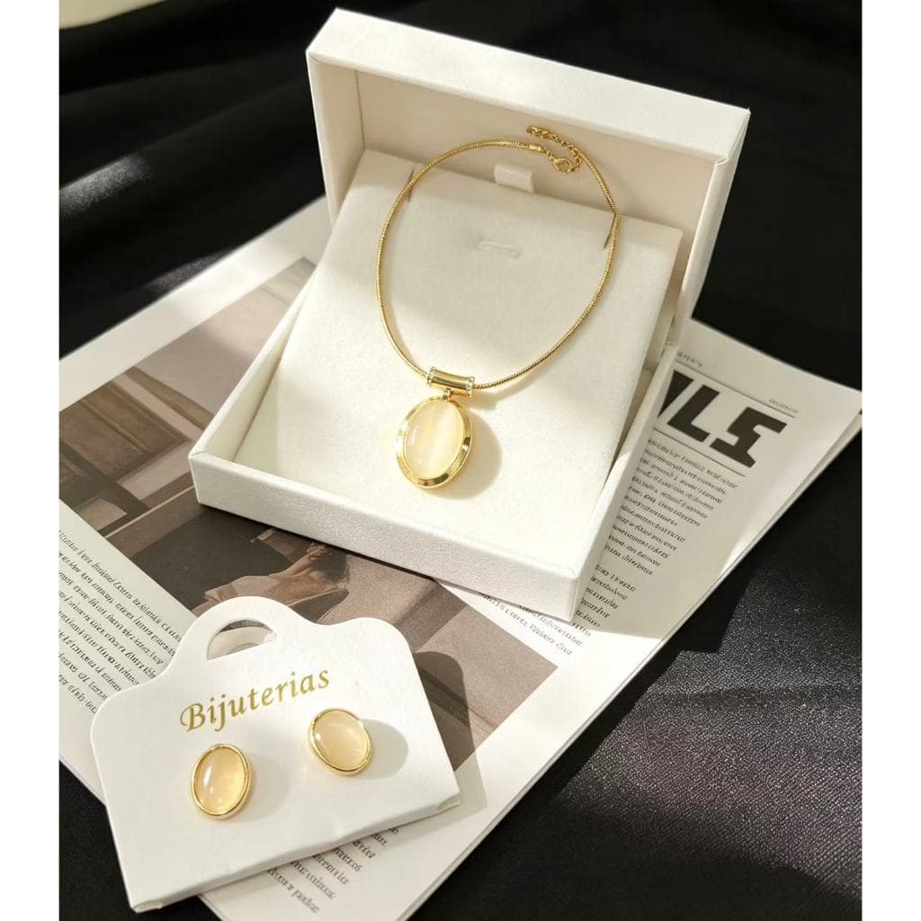 Conjunto Colar Gargantilha Brincos Pedra Redonda Luxuoso Acessório Feminino Multiuso