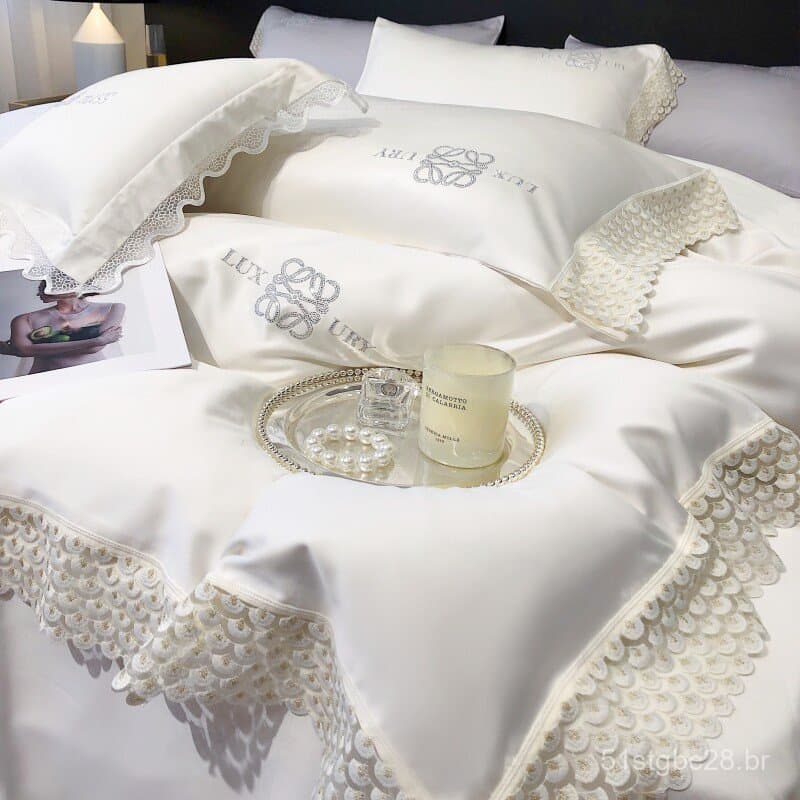Conjunto luxuoso de quatro peças em seda de 200 fios para dormir sem roupa, lençóis de cetim sedoso e capa de edredom, l