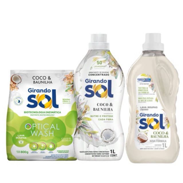 Kit Lava Roupas Coco Baunilha -1 Lava Roupas Liquido 1L + 1 Amaciante Concentrado 1L +1 Sabão em Pó Girando Sol