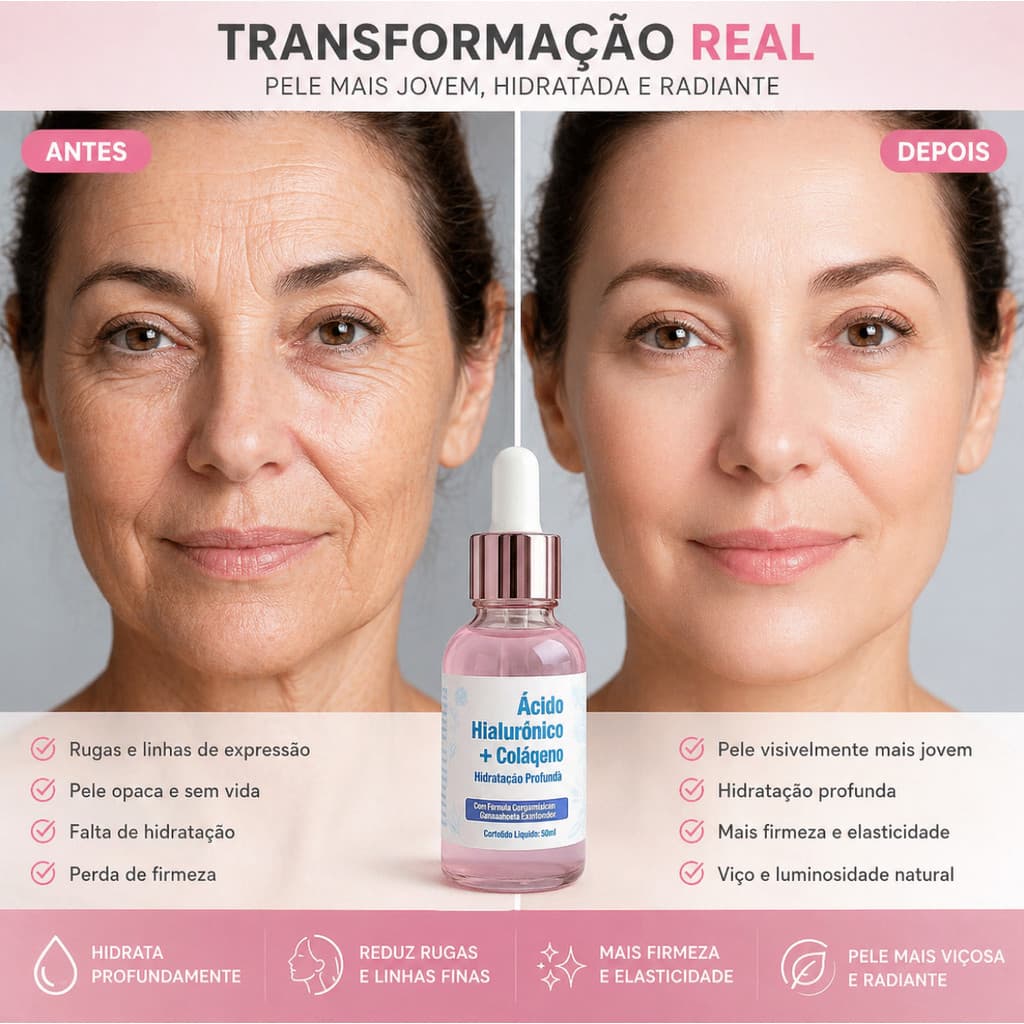 Sérum Ácido Hialurônico com Colágeno Anti-Idade Rejuvenescedor Firmeza e proteção da pele