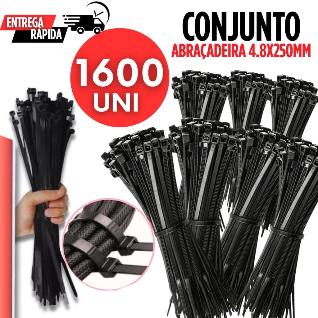 Kit 1600 Abraçadeiras Nylon Preta Enforca Gato 250mm x 4,8mm Variáveis Utilidades Multifuncional
