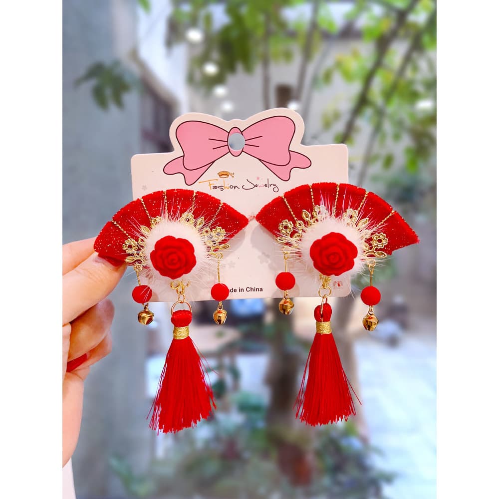 Crianças antigo Hanfu cocar hairpin estilo chinês menina ventilador vermelho borla acessórios de cabelo de pelúcia ano n