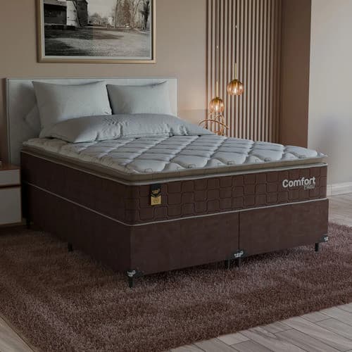 Cama Box Queen + Colchão Comfort Class Pillow Top 158x198cm  Marrom/suede Marrom