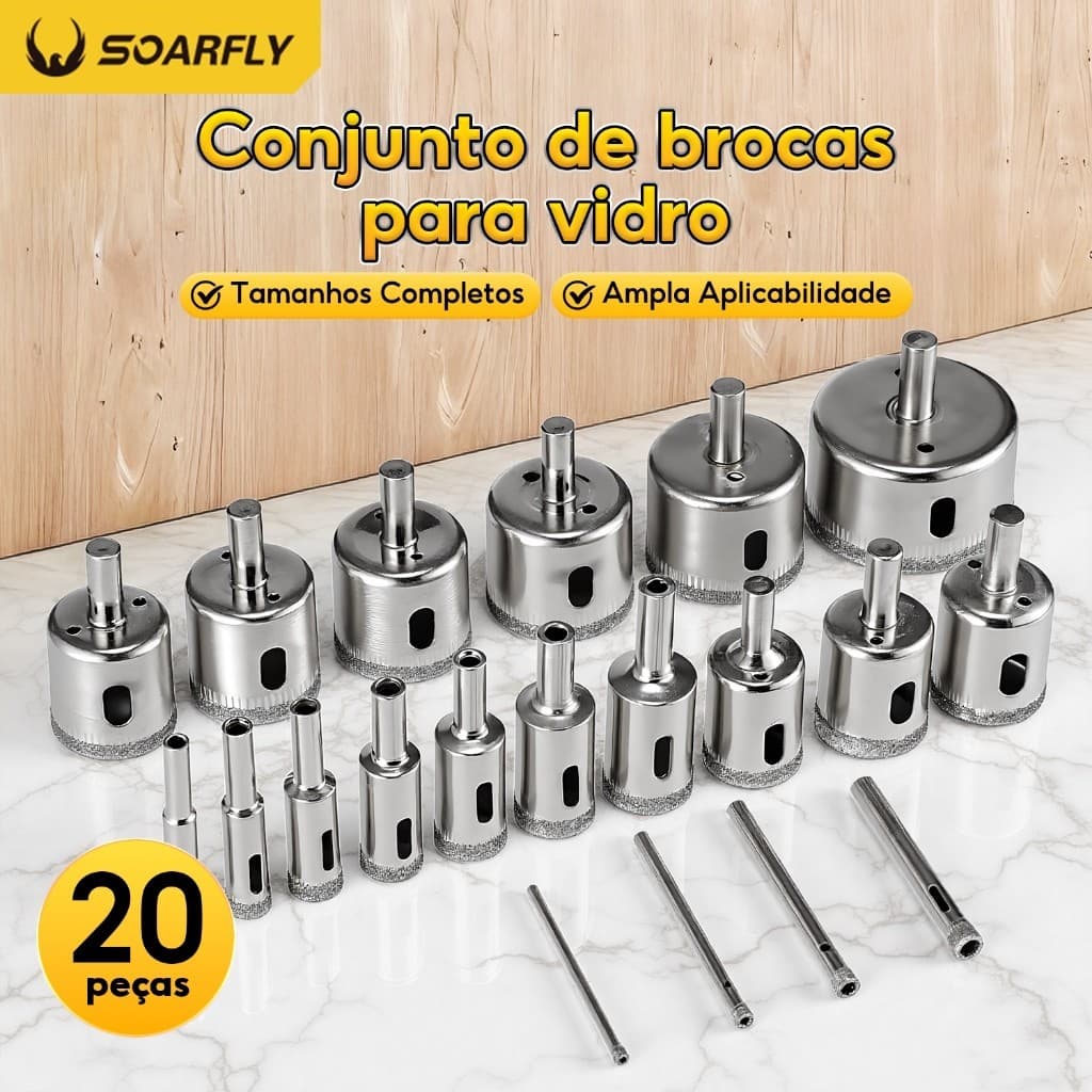Jogo 20 Brocas Serra Copo Diamantadas Para Vidros Garrafas MÃ¡rmore CerÃmica Piso Azulejos Porcelanatos De 3mm a50mm