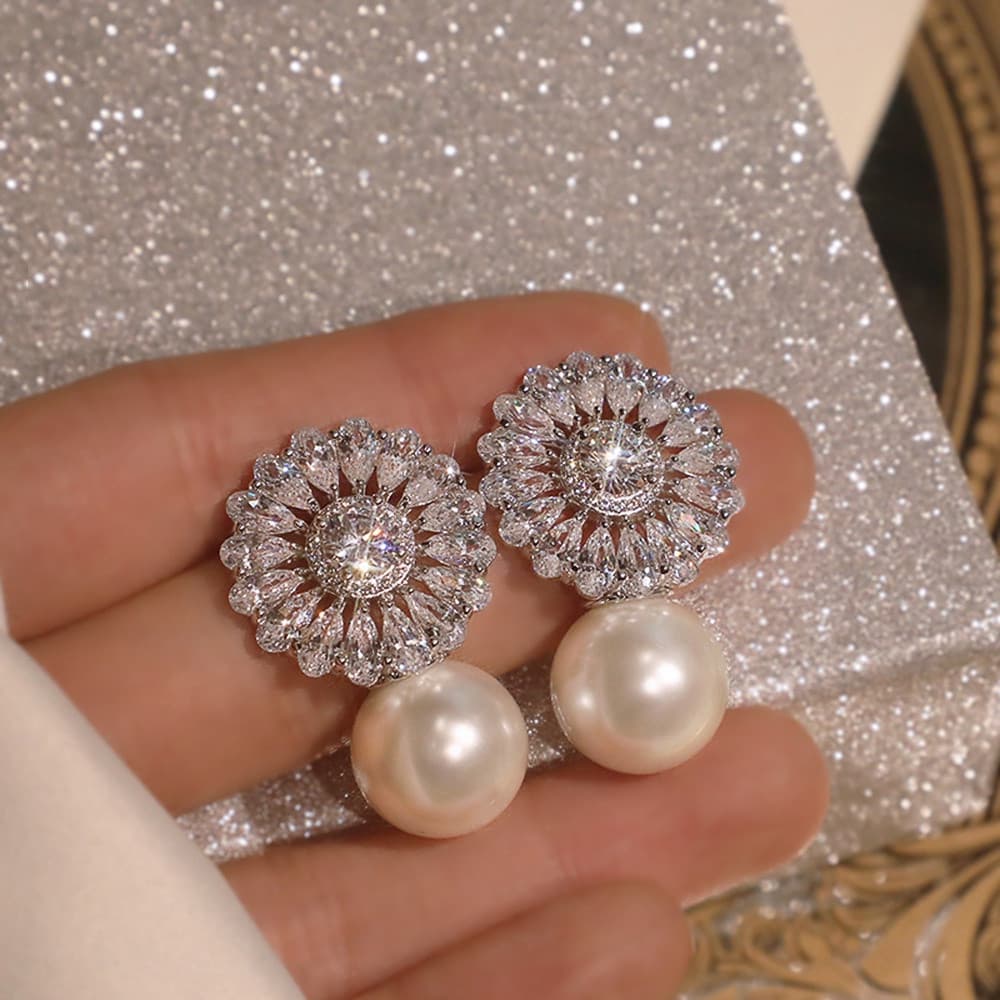 Brincos de noiva elegantes em prata 925 100% pura, com zircônia cúbica de grau AAA e pérolas de imitação, estilo românti