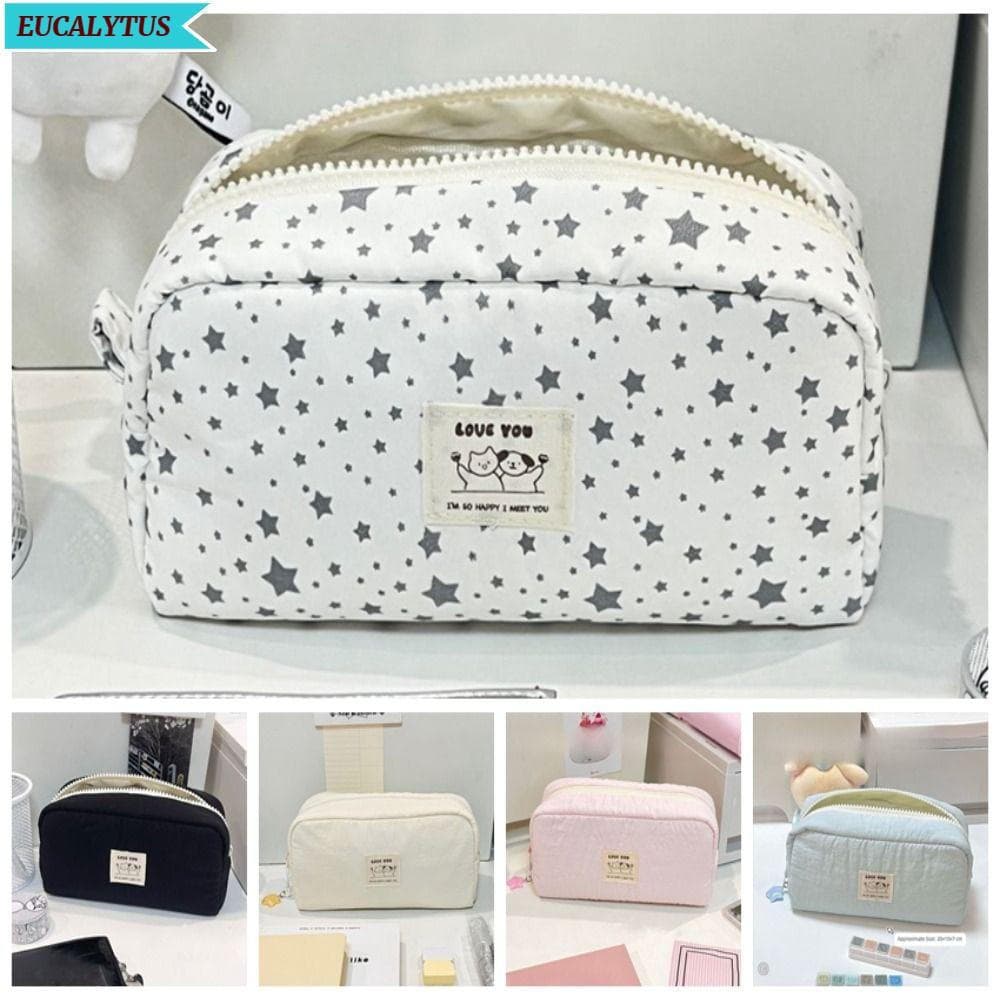 Lápis Eucalito , Bolsa De Caneta De Gatinho Com Estrelas De Lona Cosmética Fofa De Desenho Animado De Grande Capacidade