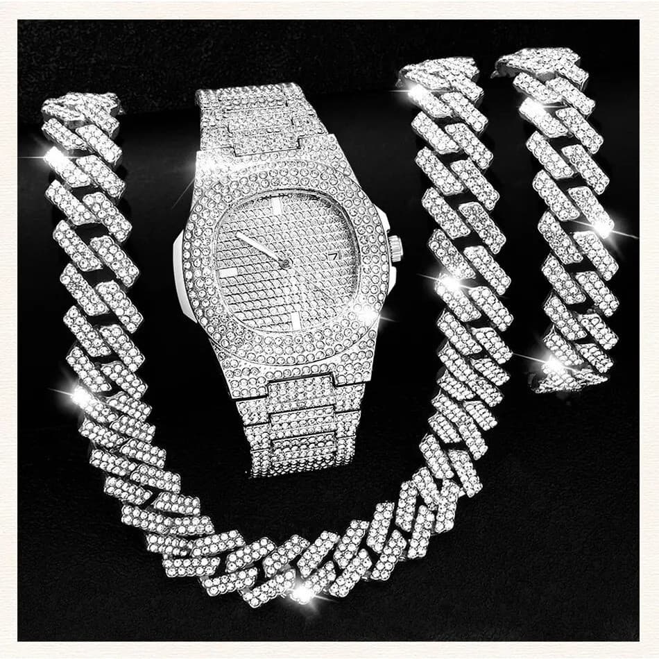 Novo Relógio Masculino Estilo Hip Hop Conjunto Corrente Cubana Joia Colar Pulseira com Diamantes Completa Acessórios