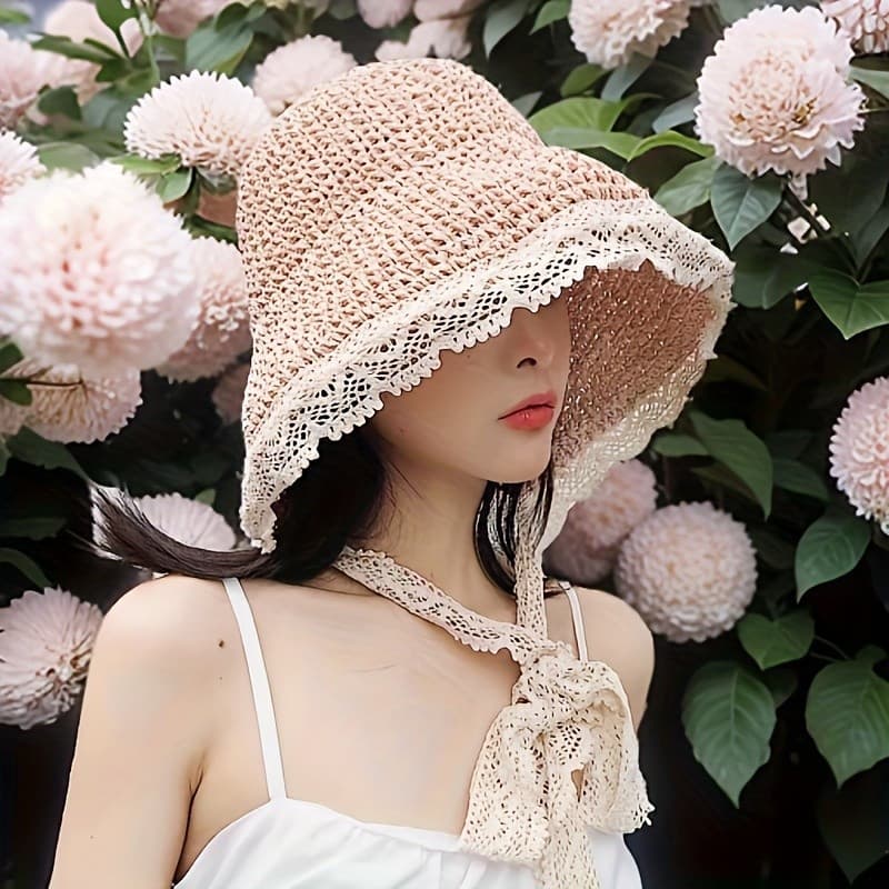 Chapéu de Sol Feminino Elegante de Palha com Acabamento em Renda e Aba Larga - Respirável, Proteção UV, Chapéu de Praia