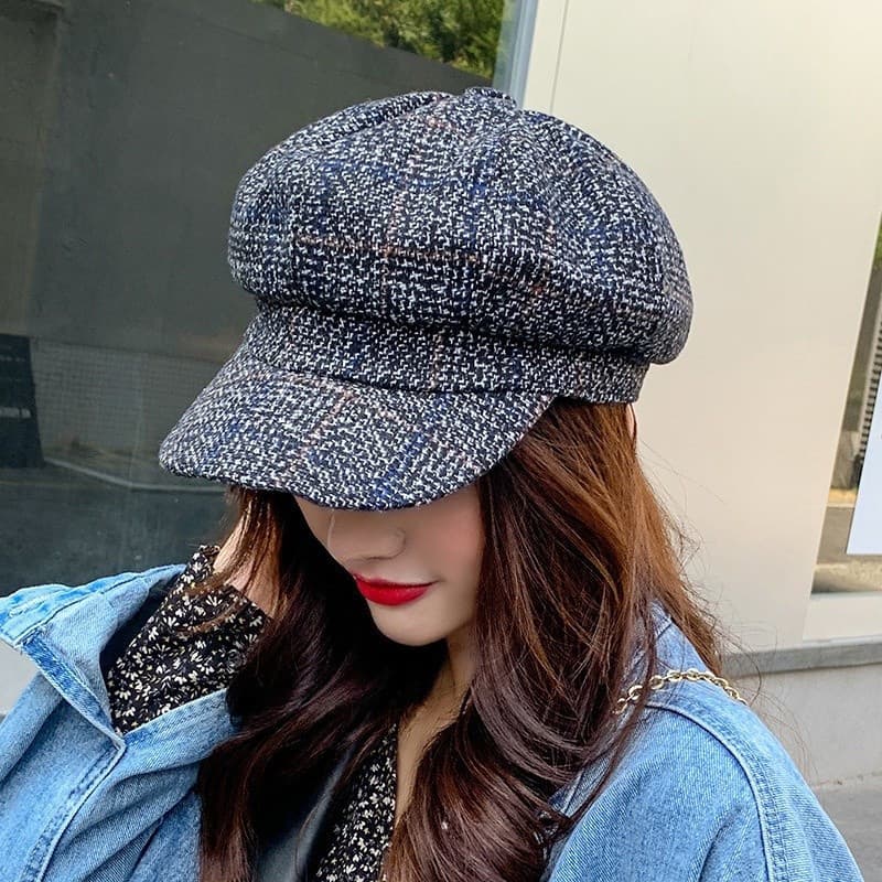 Boina Feminina Casual Elegante Estilo Coreano, Chapéu Octogonal de Lã Xadrez Espesso com Proteção para as Orelhas, Boina