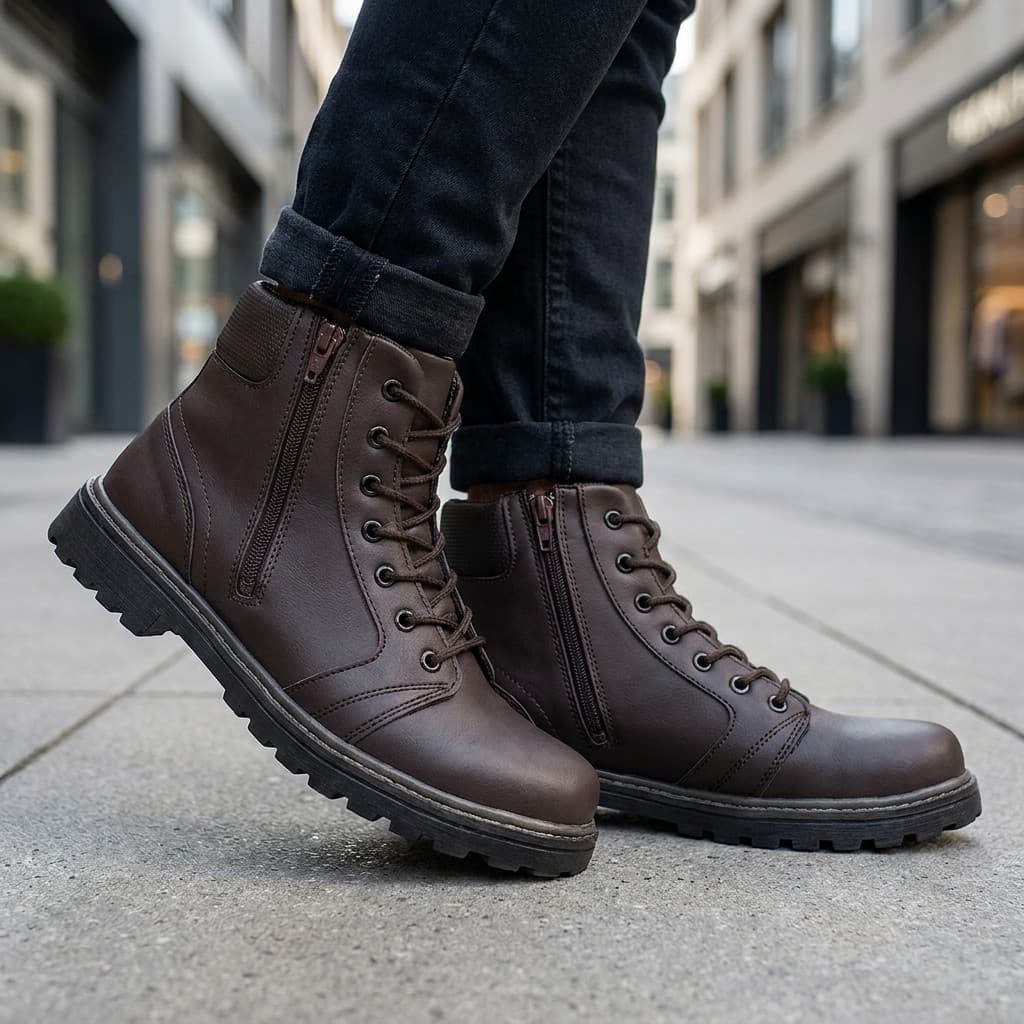 Bota Masculina Cano Médio Zíper Cadarço Sola Costurada