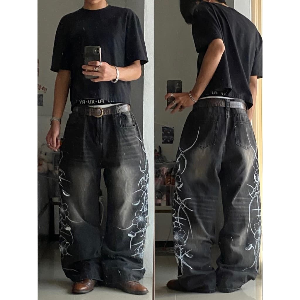 Y2K vintage Preto Espinho Impressão baggy jeans harajuku Tendência Marca Das Mulheres Dos Homens Rua hip hop Moda casual