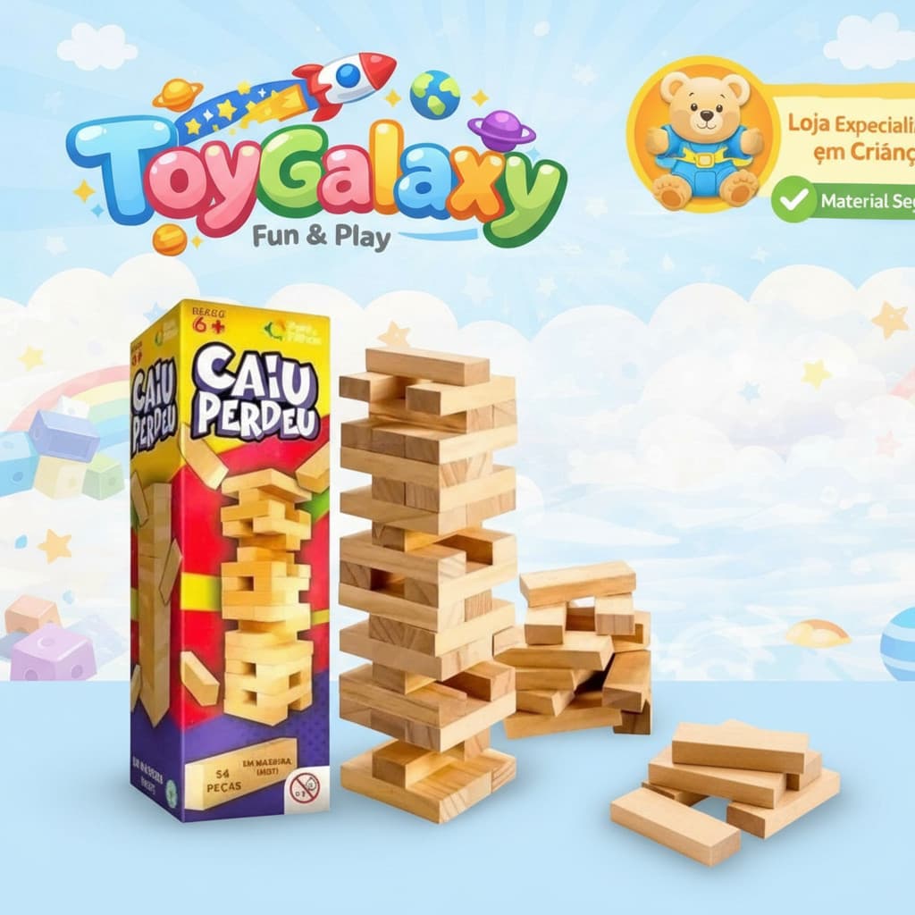 Jogo Caiu Perdeu Pais & Filhos de Madeira Jogo da Torre de Madeira 54 Peças Desenvolve Coordenação Motora