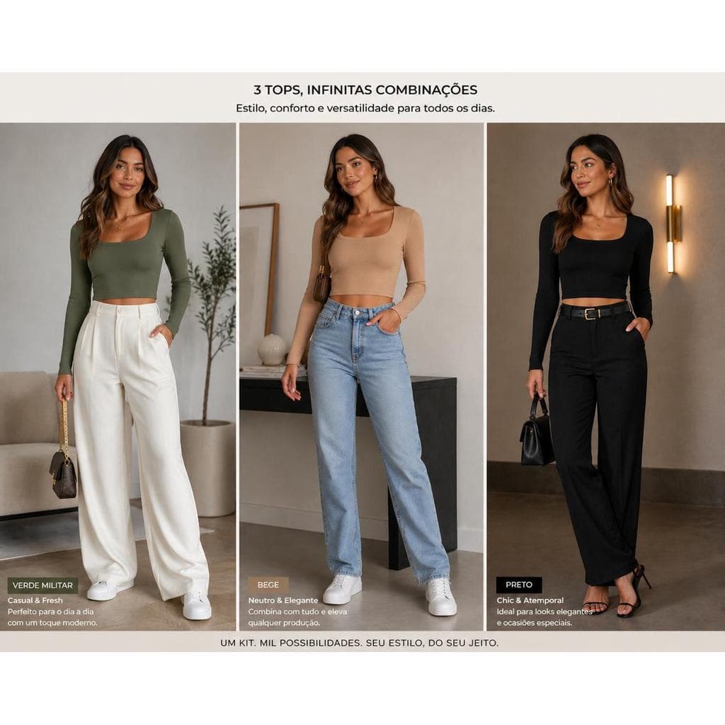 Kit com 03 Cropped Manga Longa Ribana Feminino Inverno 36 ao 42
