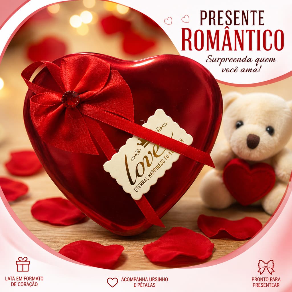 Kit Presente Coração Com Ursinho E Pétalas Lata Decorada Dia Das Mães Namorados