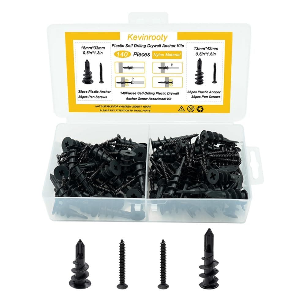 2 Tamanhos de Buchas Plásticas Autoperfurantes para Drywall com Parafusos de Cabeça Chata Philips Pretos, Kit de 140 Peç